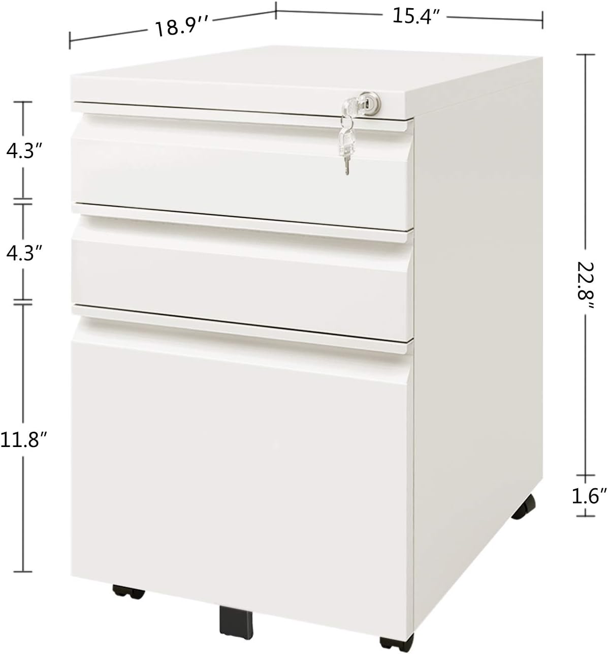 DEVAISE 3 Drawer Mobile File Cabinet with Lock, Metal Filing Cabinet Legal/Letter Size, Fully Assembled Except Wheels, White : Office Products