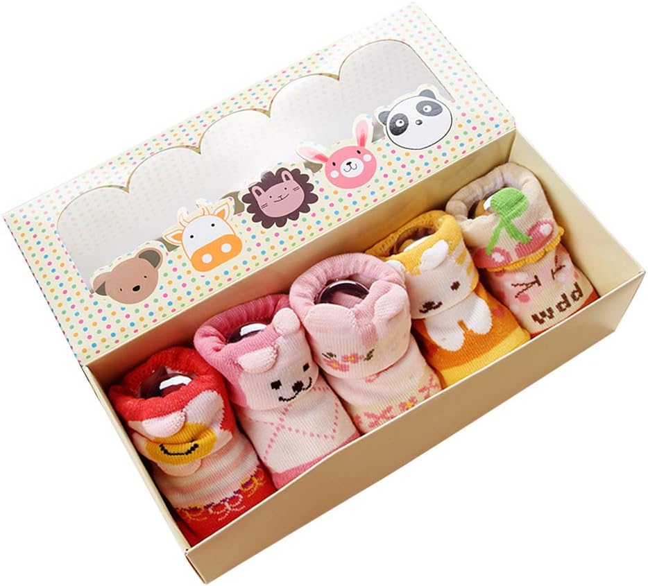 Dicry 5 Pairs Baby Girl Non Skid Ankle Socks Set with Grips Turn Cuff 3-18 Months Infant