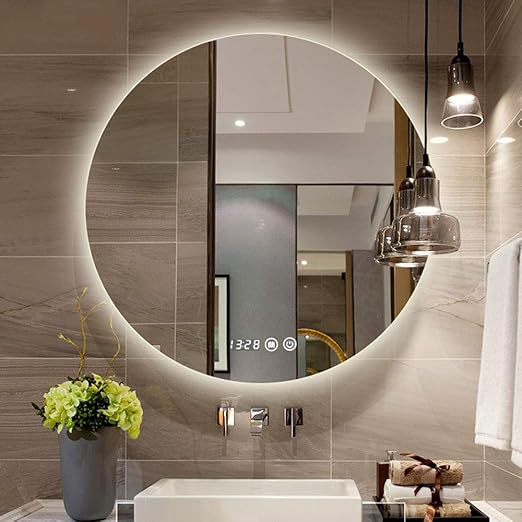 Amazon Com Illuminated Led Light Bathroom Mirror Smart Makeup Vanity Mirror Wall Mounted Touch Button Anti Fog Time Temperature Frameless Round Home Kitchen