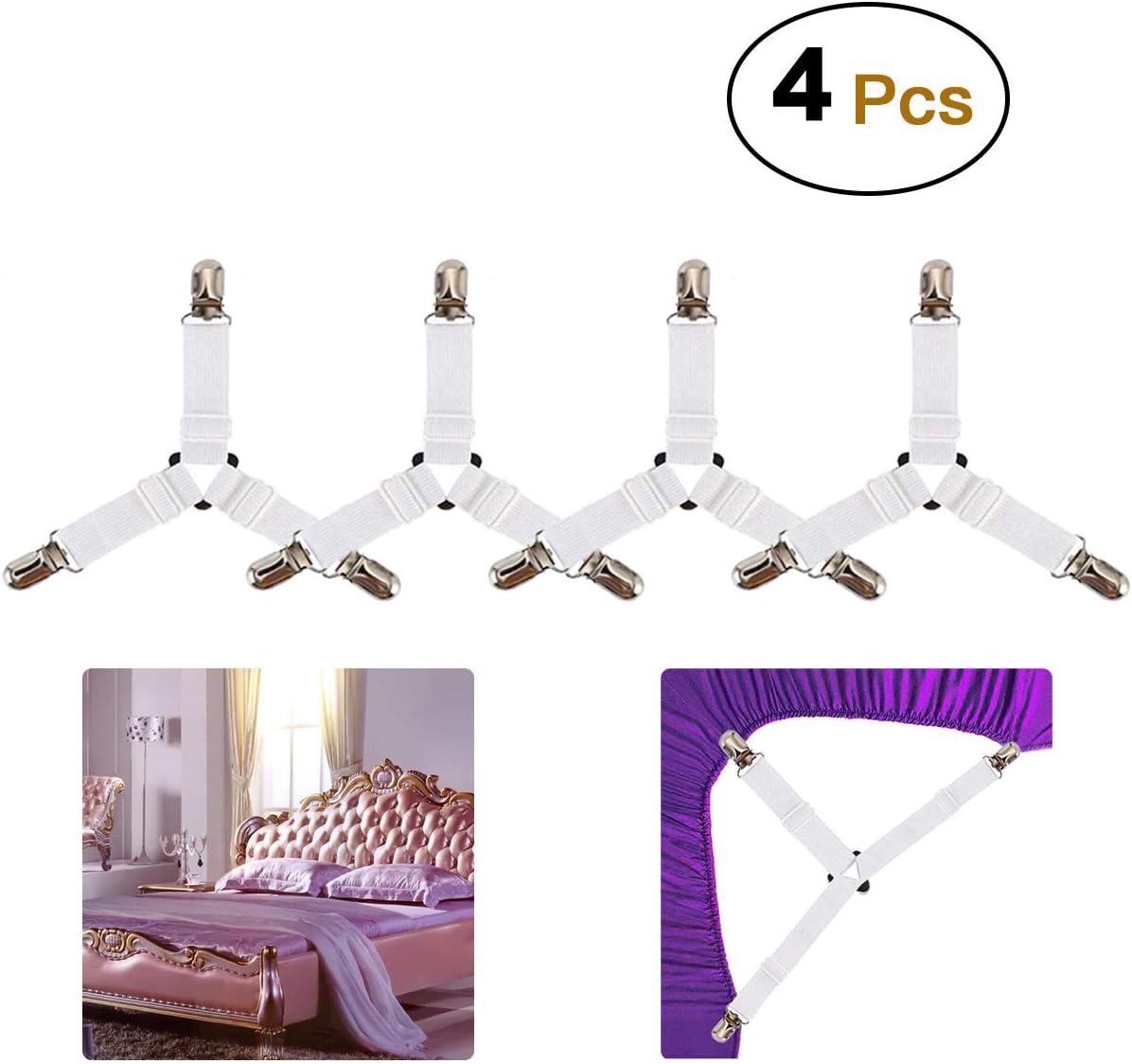 Bed Sheet Holder Straps, Adjustable Elastic Bed Sheet Fasteners and 3 Way Mattress Cover Holder Fasteners ,The Triangle Sheet clips Keeping Sheets Place for Bed and not Wrinkled,White (4 PCS): Home & Kitchen