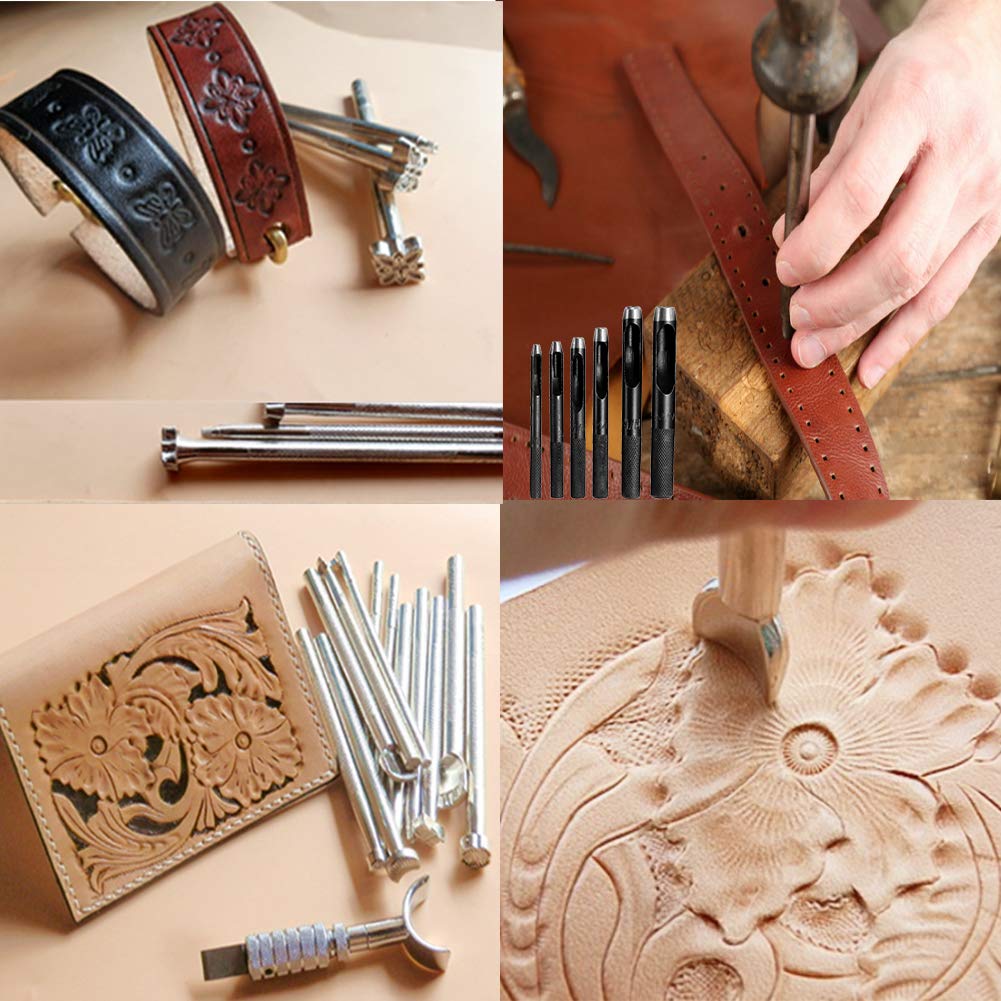 424 Pcs Leather Working Tools Leather Tools and Supplies with Instructions, Sewing Kit, Tool Holder, Wooden Storage Box, Stamping Set