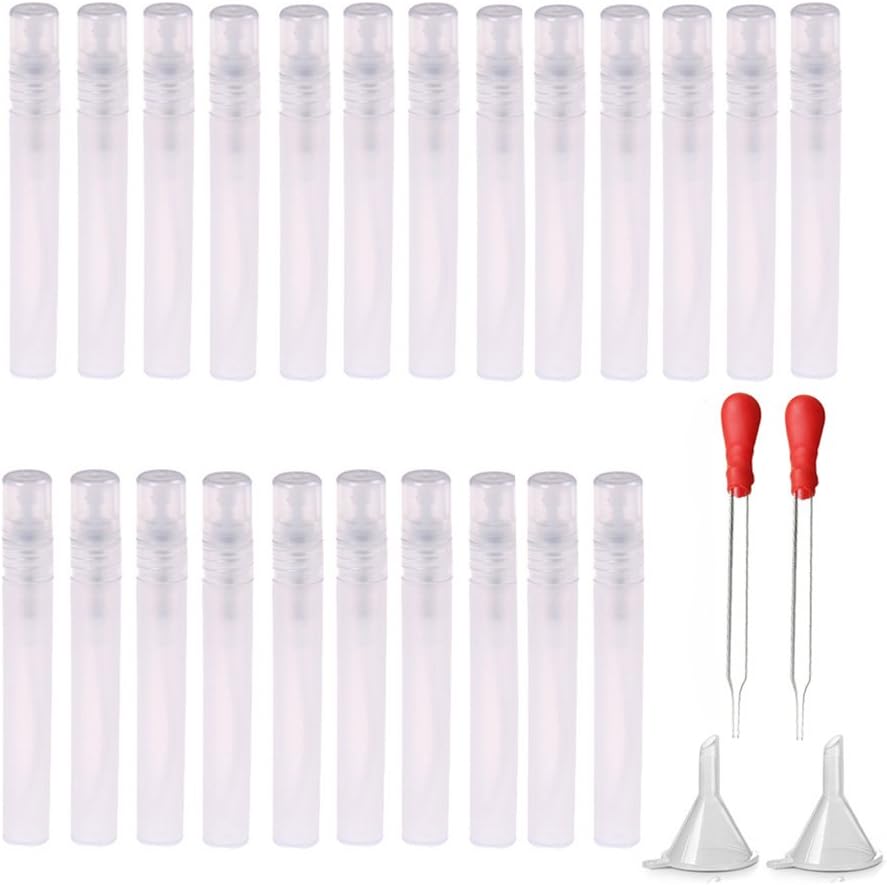 Haishell 24 Pcs Mini 10ML Atomizer Plastic Bottle Spray Refillable Perfume Empty Sample Bottle With 2 pcs Mini Plastic Funnels and 2 pcs Glass Droppers for Travel Party Portable Makeup Tool