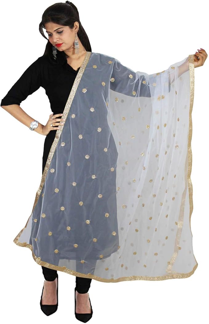 White Dupatta Chunni Net Embroidery Golden Lace Scarf Stole Hijab Wrap Party Wear
