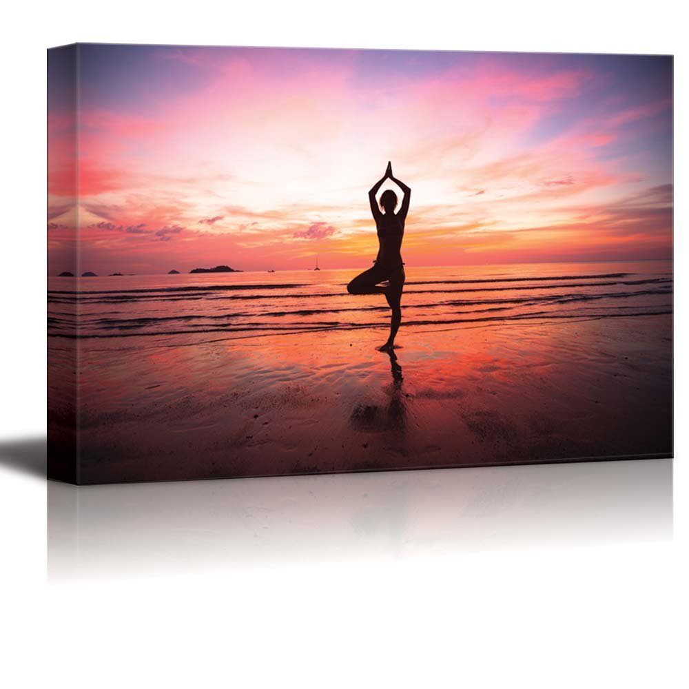 Canvas Prints Wall Art - Young Woman Yoga Practice at The Seaside at Sunset | Modern Wall Decor/Home