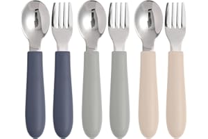Eascrozn 6 Pack Toddler Utensils, Kids Silverware Set with Silicone Handle, Children Safe Forks and Spoons, 18/8 Stainless Steel, Food Grade Silicone Feeding Supplies, Dishwasher Safe