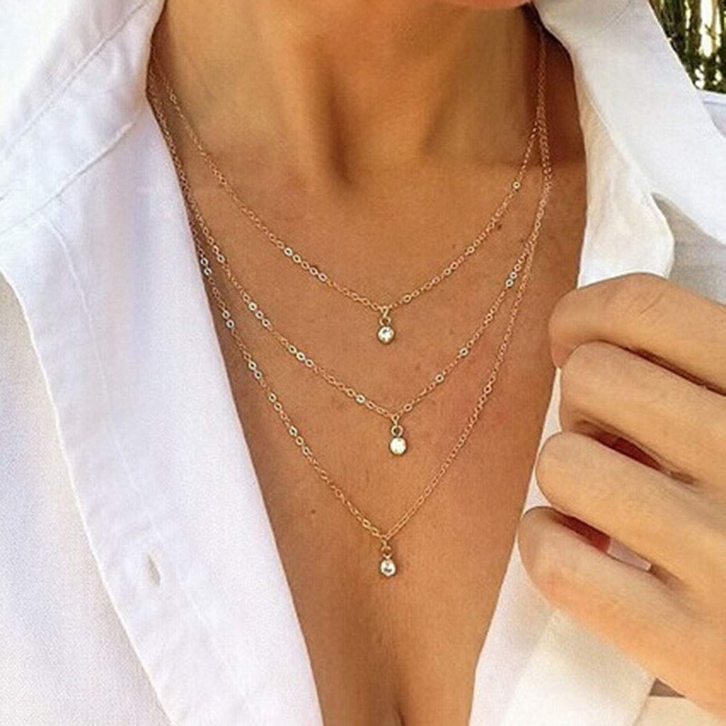 Artmiss Rhinestones Layered Necklace Women Simple Double Multilayer Pendant Necklace for Girl (Gold)