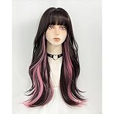 WKLOUYHE Long Wavy Wig for Women Synthetic Curly Wig with Bangs Fibre Cosplay Wig for Women Daily Use Colorful Wigs (Black+Brown+Pink)