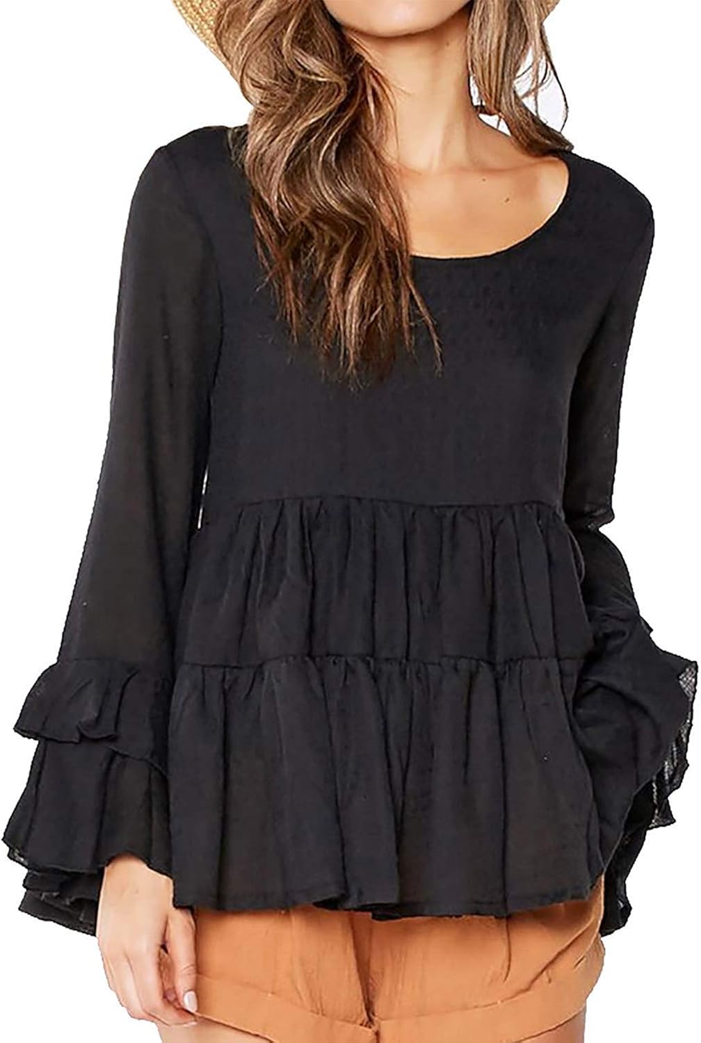 Bell sleeve layered ruffles pleated shirt dress Clearance