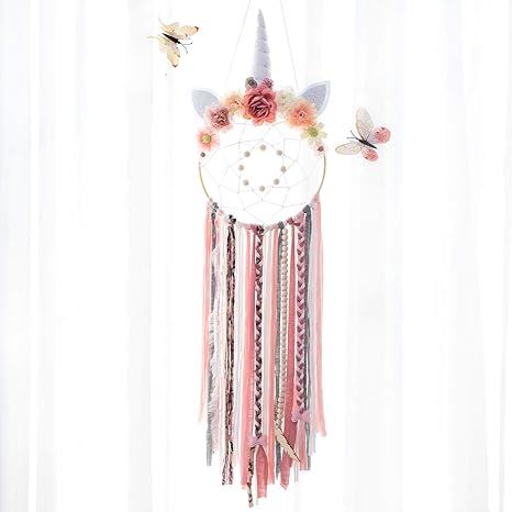 Amazon Co Jp Moonfly ユニコーン ドリームキャッチャー カラフルな羽根 手作り 花 壁飾り 子供部屋 寝室 壁掛け装飾 祝福ギフト ピンク ホーム キッチン