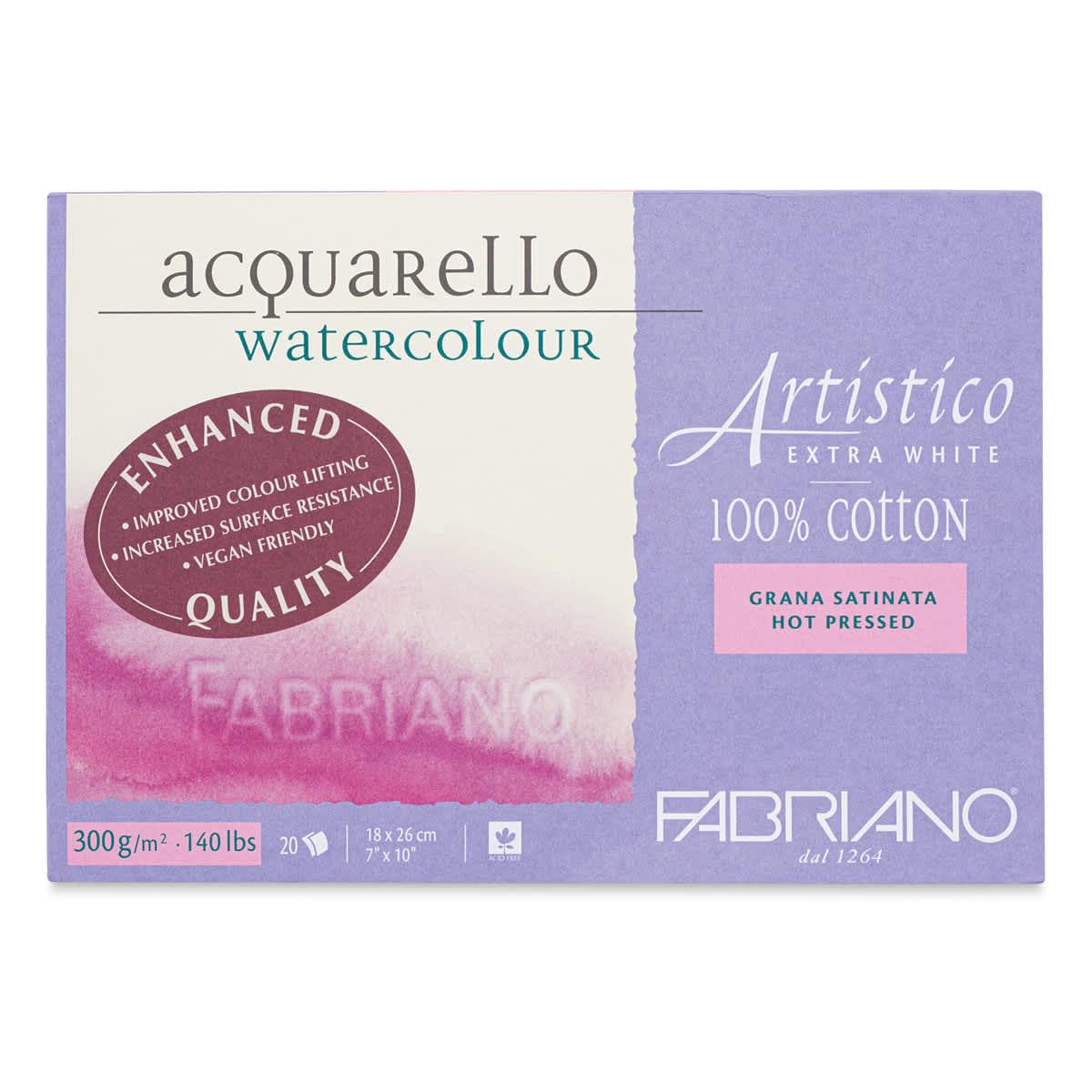 Fabriano Artistico Acquarello Watercolour, Extra White, Satin Hot Pressed, 18 x 26 cm, 20 Sheets 300 g/m², High-Quality Artist Watercolour Cardboard, Glued on 4 Sides, Vegan