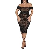 WDIRARA Women's Plus Size Floral Mesh Midi Dress Off The Shoulder Ruched Bodycon Dresses
