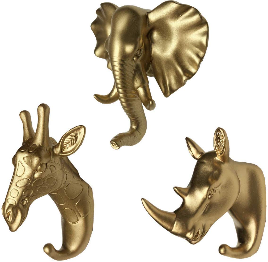 MYRU Set of 3 Plastic Elephant Head Giraffe Head and Rhino Head Wall Hooks/Hangers Animal Shaped Hooks Functional Decor for Hats, Keys, Lightweight Items (Gold)