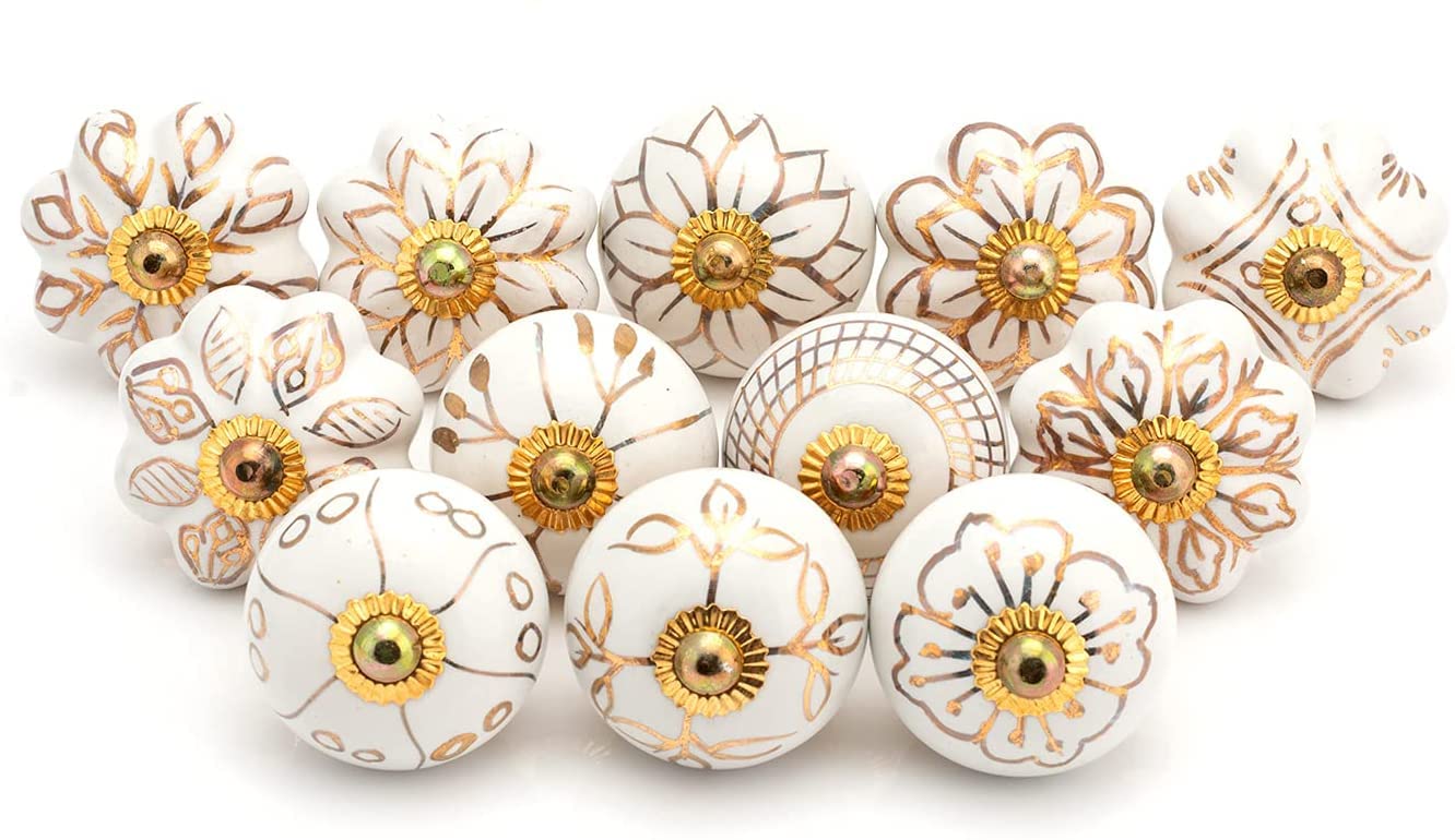 FOLK CRAFT Gold Cabinet Knobs for Dresser Drawers Indian Assorted Mix Design Door Pull Handle for Kitchen Cupboard D-1.7 x L-2.5 Inches