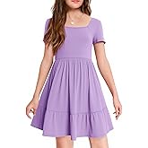 Haloumoning Girls Dresses Kids Summer Short Sleeve Square Neck Dress with Side Pockets 5-14 Years