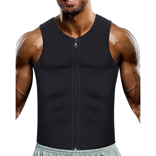 Mens Neoprene Sweat Waist Trainer Vest Sauna Workout Tank Tops with Adjustable Belt & Zipper for Weight Loss