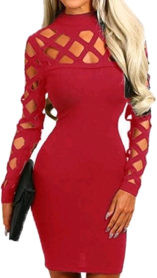 KaWaYiWomen Kawayi Womens Pure Color Hollow Crewneck Bodycon Package Hip Club Dress