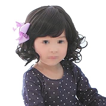 Toptheway Short Curly Wavy Wig Black Cute Wigs For Kids Costume