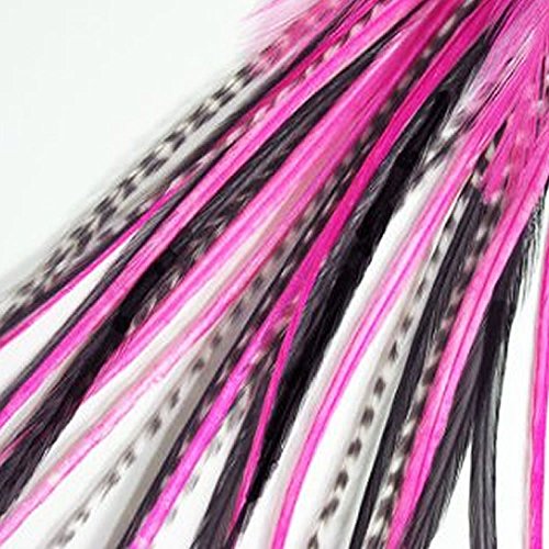 Feather Hair Extension Pink & Black Mix 6"-11" Feathers for Hair Extension Includes 2 Silicone Micro Beads 5 Feathers