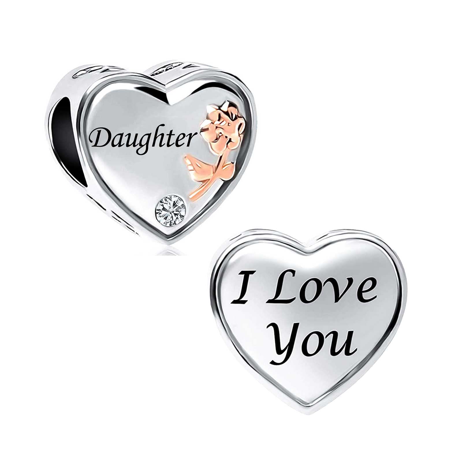 KunBead Jewelry Daughter I Love You Heart Rose Flower Bead Charms Compatible with Pandora Bracelets Gift from Dad Mum Mother for Women Girls