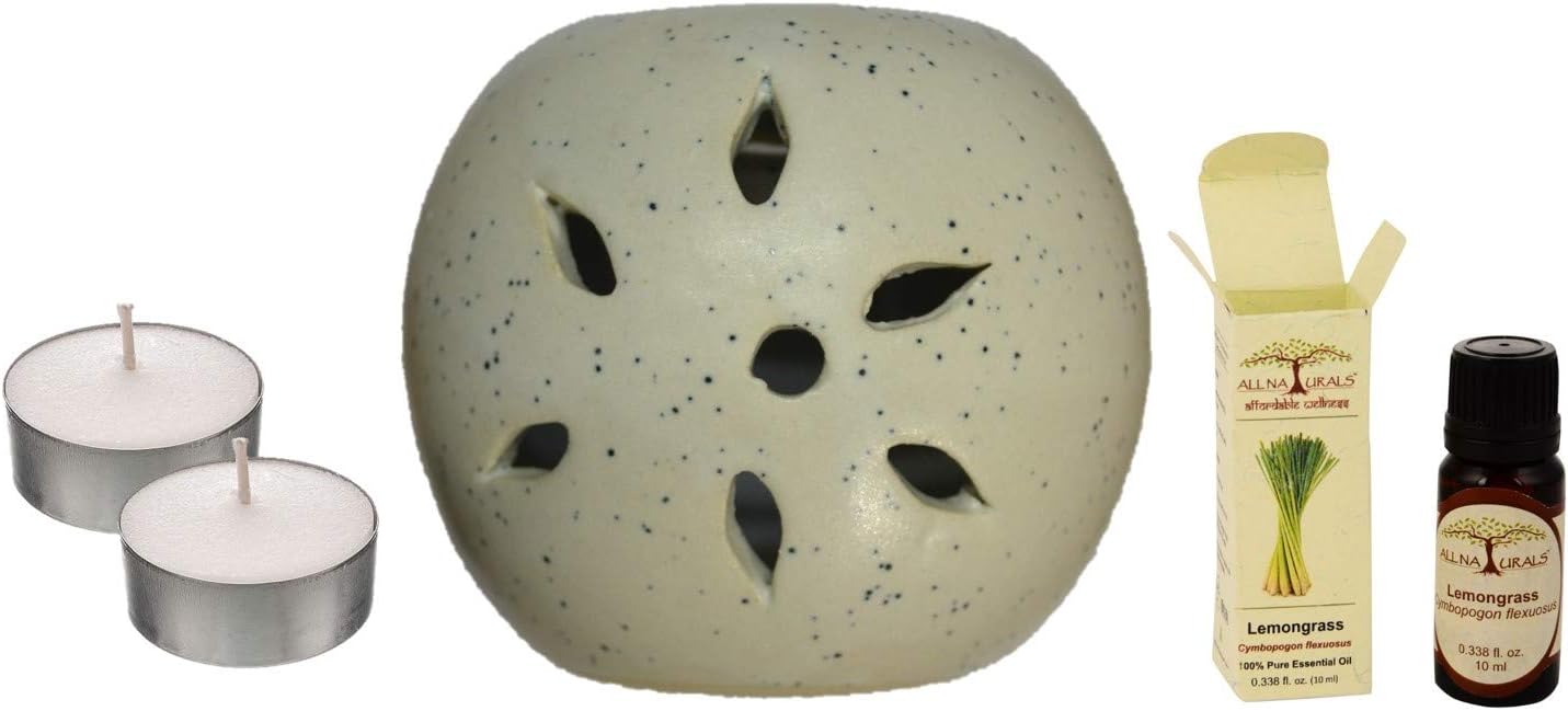 All Naturals Ball Shaped Aroma Burner Diffuser Combo with Lemongrass Essential Oil and 2 Pieces Tealight Candles (Off-White)