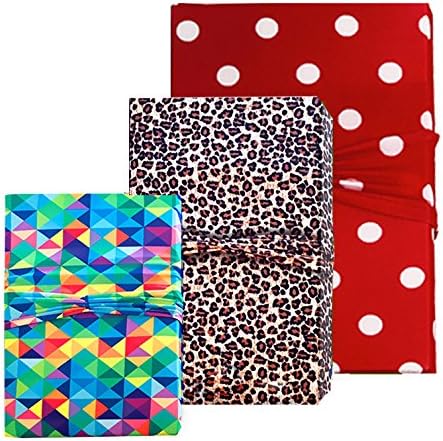 Premium Gift Wrap For All Occasions - Use as Gift Bags too! Cherry Red Polka Dot, Leopard & Multicolored Gift Wrap - Reusable Wrapping - Stretch Fabric & Eco Friendly- Set of 3 Medium