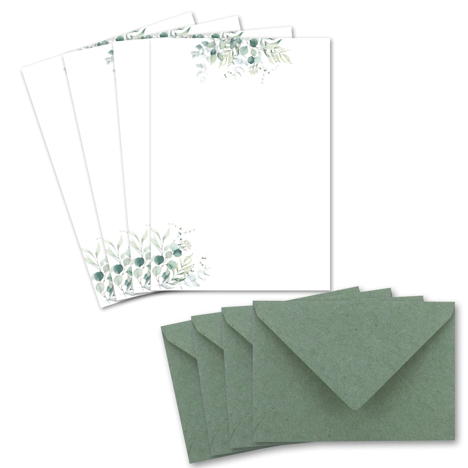 Glüxx Agent Natural Paper Sets DIN A5 - Cream with Eucalyptus Branches, Green Envelopes - 25 Letter Sheets Printable, Ideal for Wedding Invitations