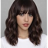 WAVE&BREEZE Short Brown Wavy Wigs with Bangs 14Inch Blonde Highlight Curly Bob Wig for Women Shoulder Length Natural Looking Hair Replacement Wig for Daily Party Use Cosplay Costume Halloween Wig
