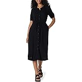Amazon Essentials Women's Fit and Flare Half-Sleeve Waisted Midi A-Line Dress with Pockets