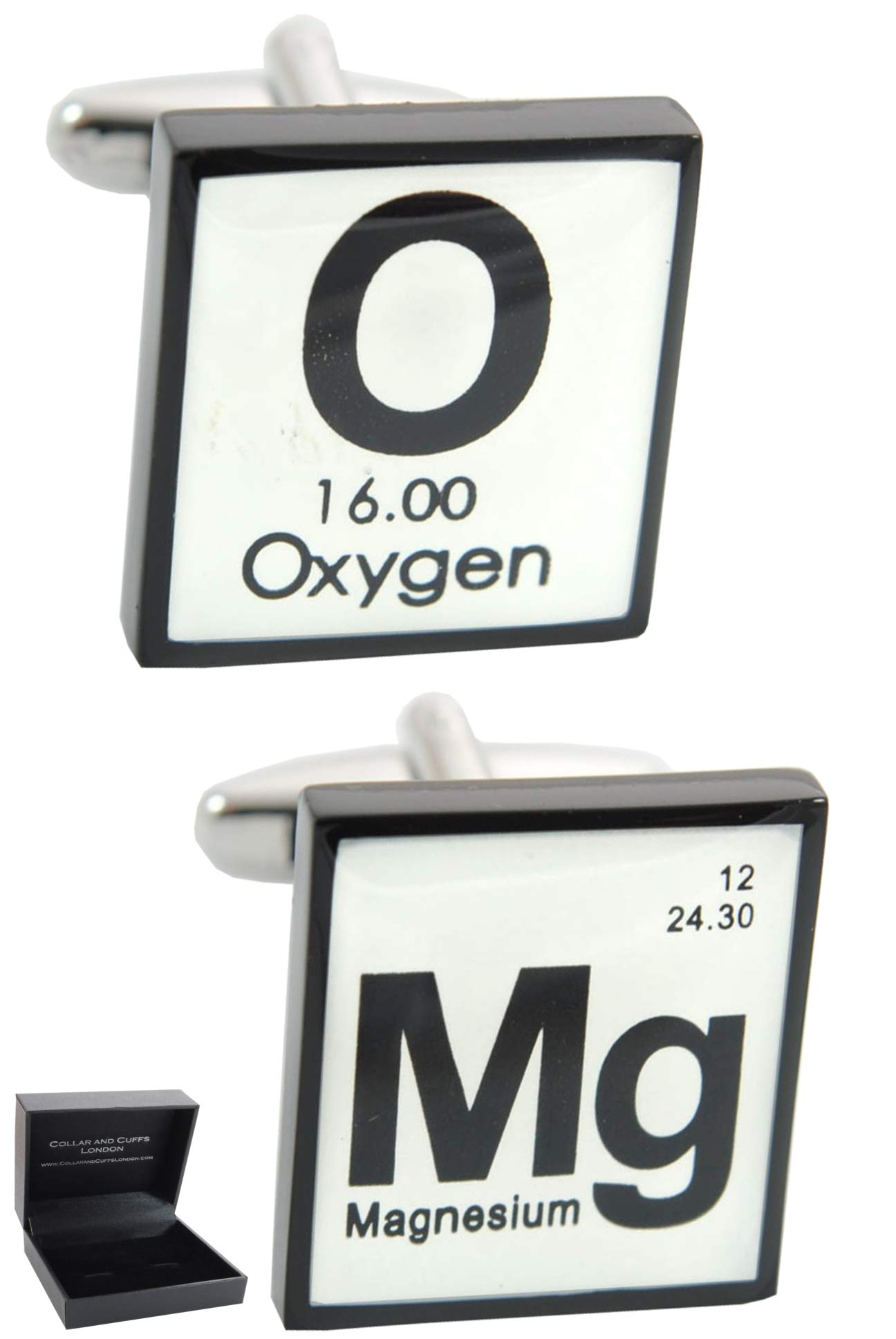 Cufflinks for Men + Presentation Box - Fun - "OMG" - Solid Brass Metal - Periodic Table Chemical Symbols - Square - Black and White Colours - One Pair
