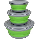 Huntoshon Collapsible Bowls, 3pcs Food Grade Silicone Camping Bowl Salad Bowl with lids, Portable Expandable Lunch Box Food Storage Container for Camping Travel and Picnic,Green