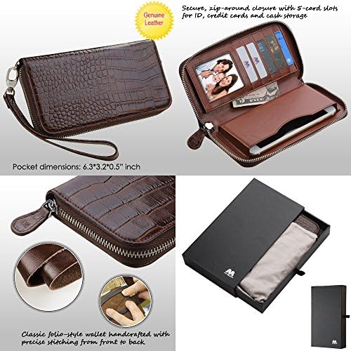 Wallet+Stylus, Universal Genuine/Real Leather Zipper Purse/Case/Clutch/Pouch Fits Apple iPhone Motorola LG Samsung etc. Crocodile-Embossed Wallet - Brown Medium. Compatible Models: