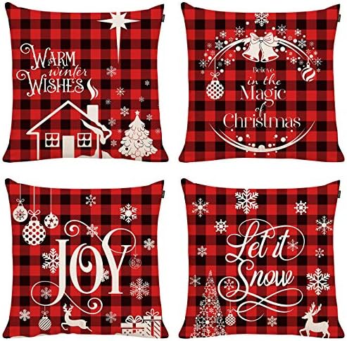 GTEXT 4 Pack Christmas Throw Pillow Cover Holiday Decor Buffalo Check Merry Christmas Pillow Cover Cuhion Cover Case for Couch Sofa Home Decoration Pillows Linen 18 X 18 Inches