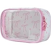 RSRSLEII Cute Clear Makeup Bag with Bow Pattern,Transparent Nylon Travel Cosmetic Case with Zipper,Portable Makeup Organizer Pouch for Essentials(01Pink)