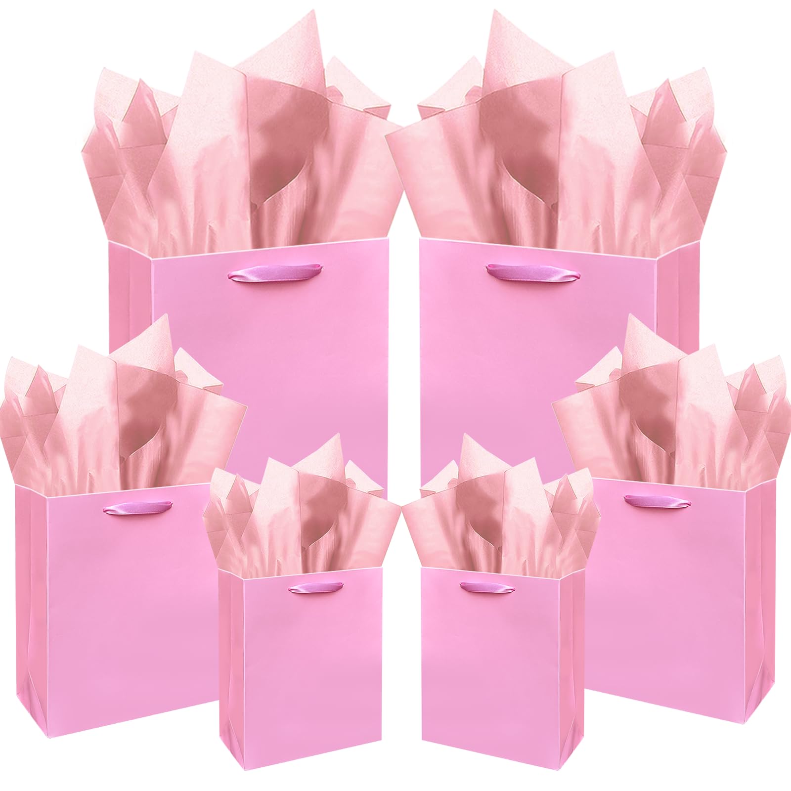 Photo 1 of qiqee Pink Gift Bags with Tissue Paper - Assorted Sizes (2 Large 13", 4 Medium 9", 4 Small 6" Bags, 30 Tissue Papers) - 10 Pack - Perfect for Birthdays, Weddings, Baby Showers