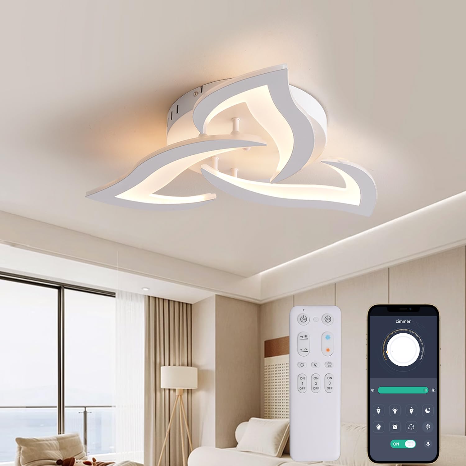 KAUCQI LED Ceiling Light 56CM 15W LED Ceiling Lamp Dimmable with Remote 3000-6000K 1500LM Modern Children's Room Light Memory Function Petal Lamp for Living Room Bedroom Kids Room