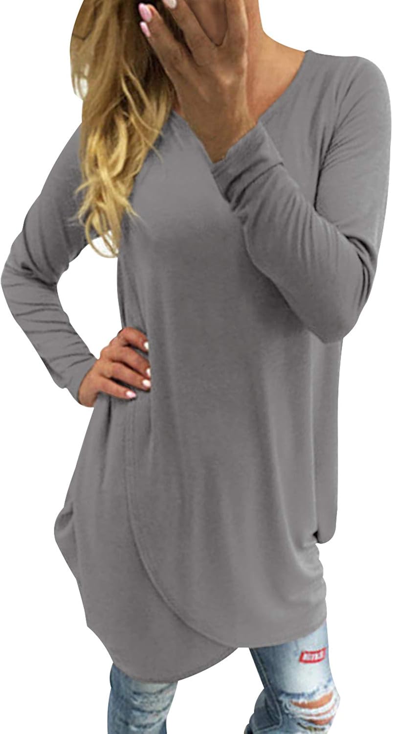 Kidsform Femme Top A Manches Longues Casual Lache Chemise Col V Manches Longues T Shirt Asymetrique Tunique Blouse Bazis Az