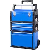 Stackable Rolling Tool Box Portable Metal Toolbox Organizer with Wheels and 2 Drawers Separate Rolling Upright Trolley Tool Chest for Garage or Workshop, Blue