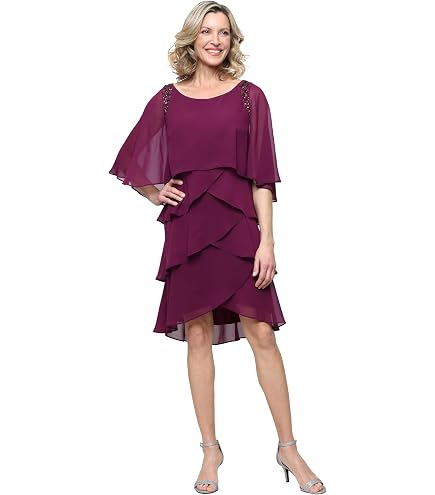 petite size cocktail dresses Studio's Tiana Midi Dress in Red Perfect for wedding guests S.L. Fashions Women's Short Sleeve