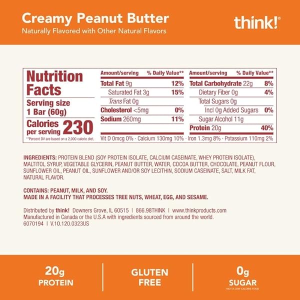 THINK! PROTEIN BARS, HIGH PROTEIN SNACKS, GLUTEN FREE, KOSHER FRIENDLY, CREAMY PEANUT BUTTER, NUTRITION BARS, 2.1 OZ PER BAR, 12 COUNT (PACKAGING MAY VARY)
