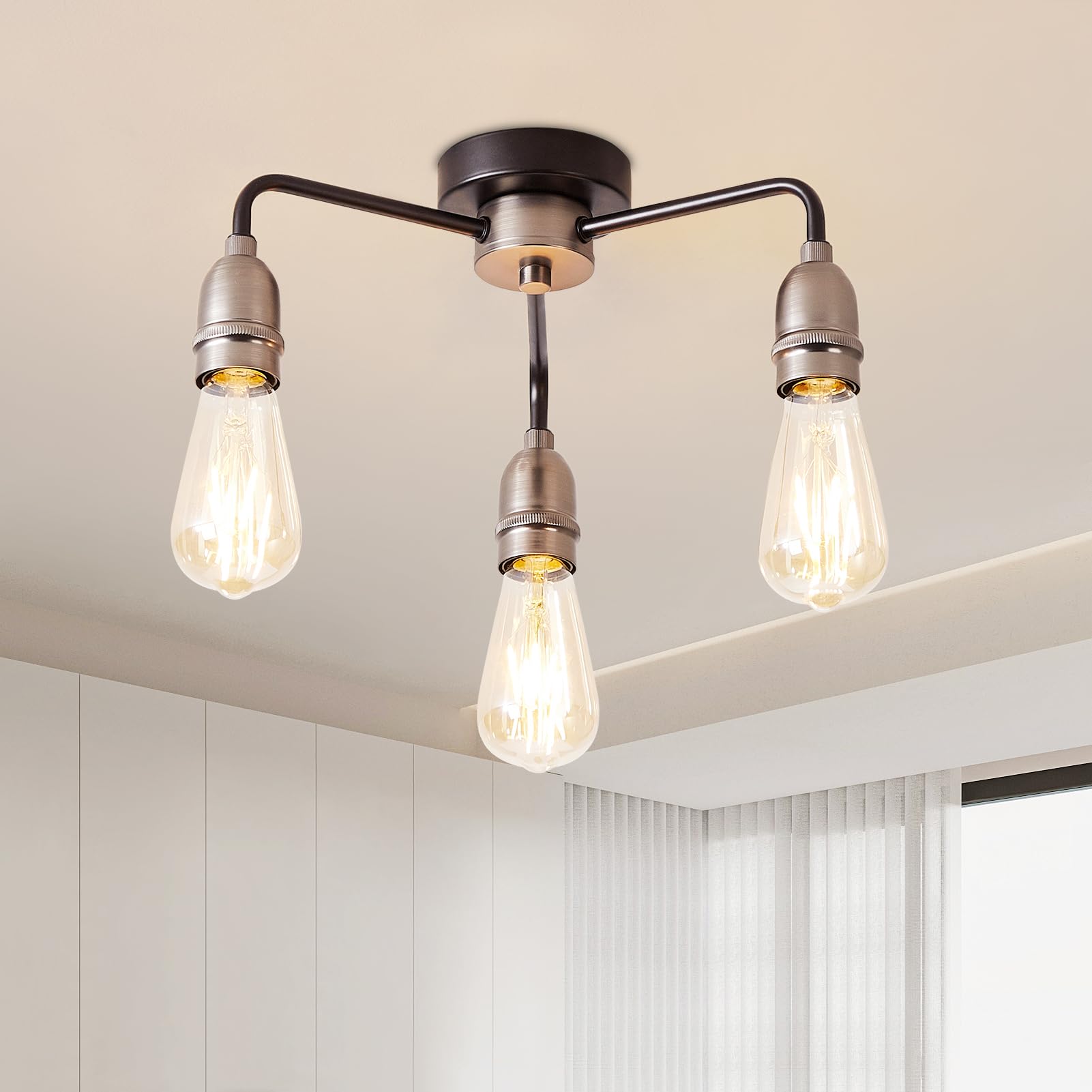 HARPER LIVING 3-Light Chandelier Ceiling Lights, Semi Flush Ceiling Lights, Black and Pewter/Matte Silver Finish, 3xE27/ES 40W Vintage Ceiling Lamp for Living Room Bedroom Kitchen Hallway