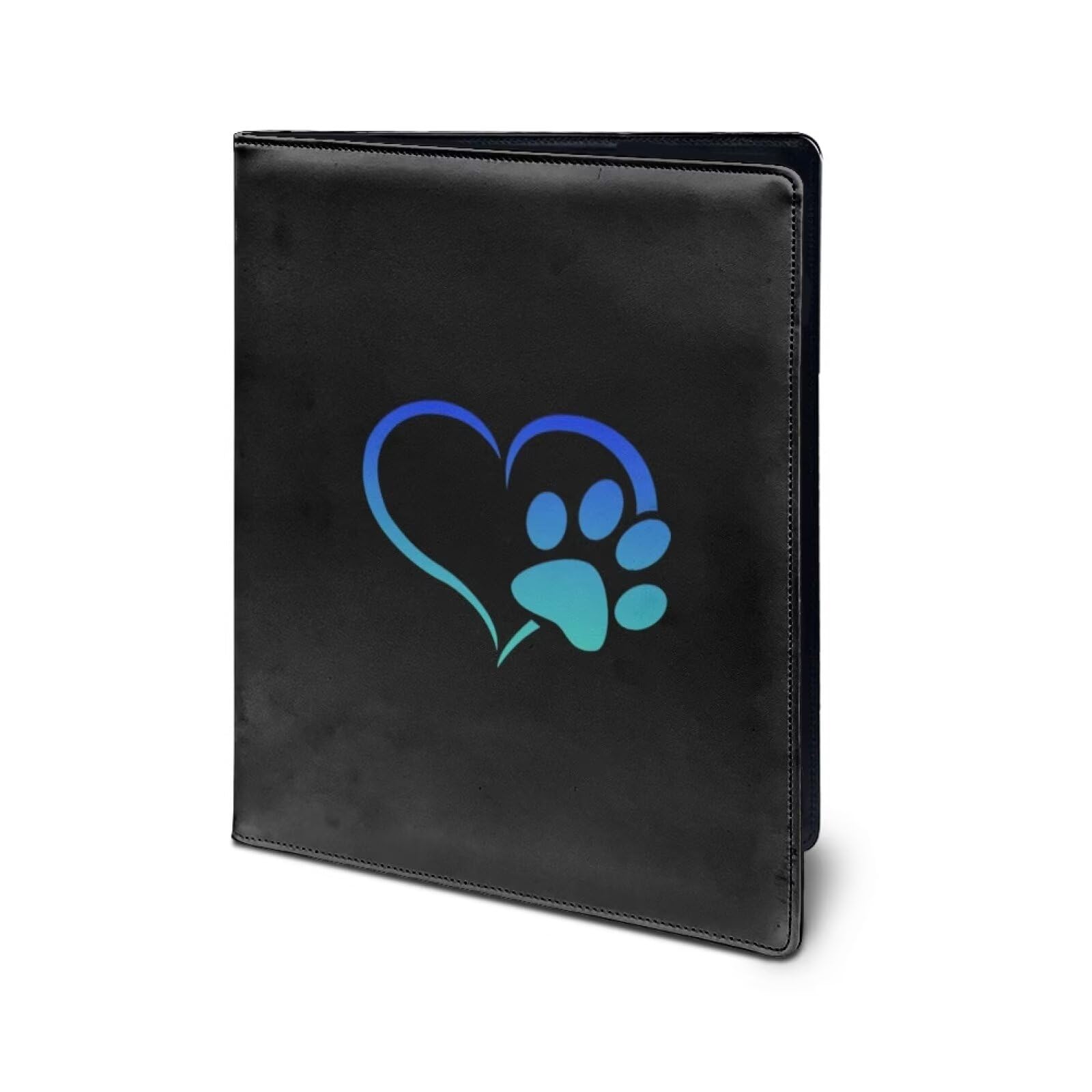 COEQINE Black Dog Blue Paw Print Leather Business Portfolio with Card Holder Pocket for Women Men Teens Protective 12x9 Inch