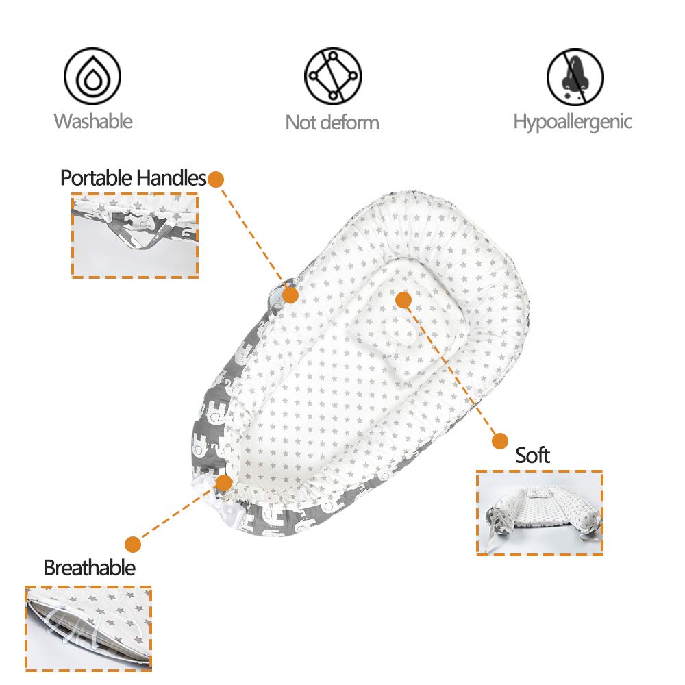 Baby Lounger, Soft Baby Nest, 100% Cotton and Breathable Newborn Lounger, Potable Baby Sleeper with Pillow, Perfect for Newborn Essential Shower Gift, Co-Sleeping&Travelling (Gray): Baby