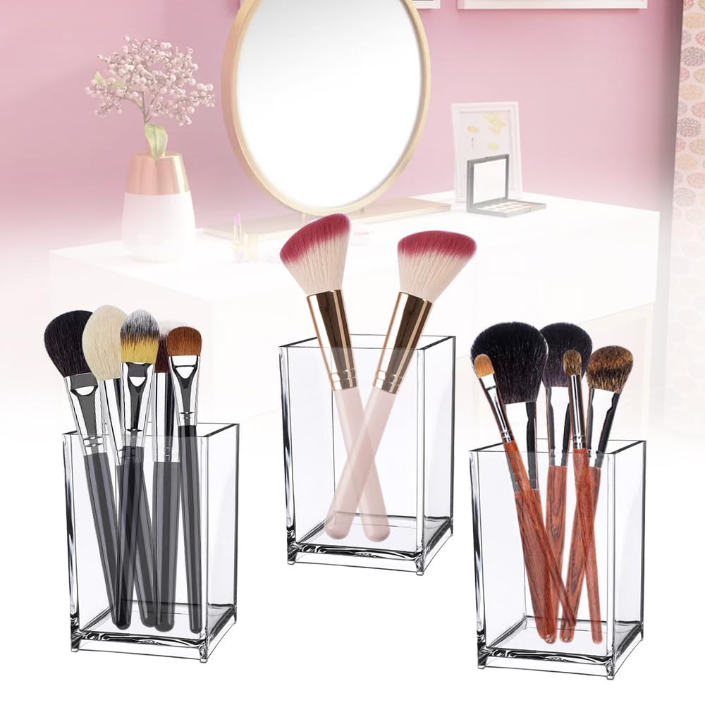 YAANBUNB 3 Pcs Acrylic Pen Holder Transparent Pen Cup Square Pen Pot Makeup Brush Holder Pencil Storage Basket Candy Box Stationery Organizer for Desk Accessories, School, Home Supplies (6.5*6.5*10cm)