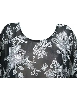Bohemain Short Kaftan Tops Black Printed Beach Cover up Tunic Caftan (Chest:72")