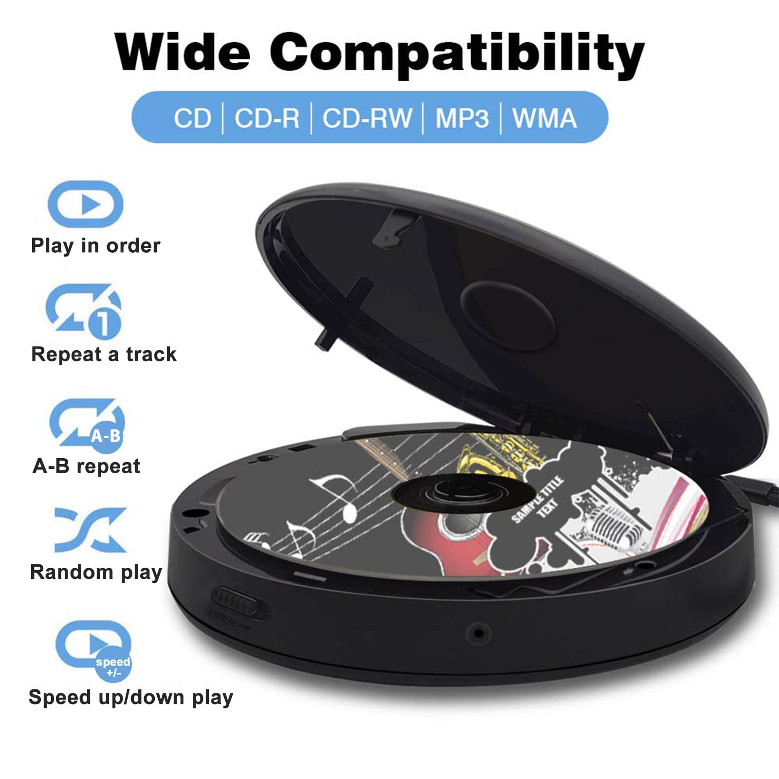 Lukasa Portable Bluetooth CD Player Built-in Speaker Stereo, Personal MP3 Players Rechargeable Compact Car Disc CD Music Player USB Play Anti-Shock Protection (Black)