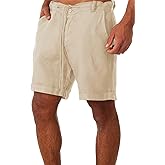 Men's Linen Casual Classic Short Elastic Waist Summer Beach Lightweight Board Slim-Fit with Pockets