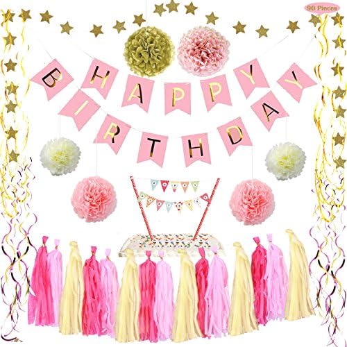 Pink and Gold Decoration Party Supplies Kit - Happy Birthday Banner, Rainbow Cake Topper, Pom Pom Flower, Tassel, Star Garland, Hanging Swirl for 1st Birthday Girl Decor Baby/Bridal Shower - 90 Pieces
