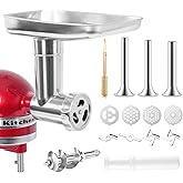 Stainless Steel Food Metal Grinder Attachment Compatible with KitchenAid Stand Mixers Includes 3 Sausage Stuffer Tubes,Dishwa