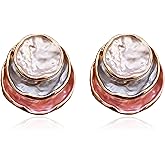 QLYOVWE Hammered Gold Disc Coin Stud Earrings for Women Handmade 3-layer Colorful Circle Round Earrings Aesthetic Statement Earrings Nnique Minimalist Jewelry