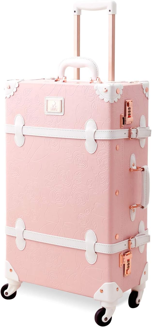 Unitravel Vintage Luggage 22 inch Retro Women Cute Suitcase with Spinner Wheels (Light Pink)